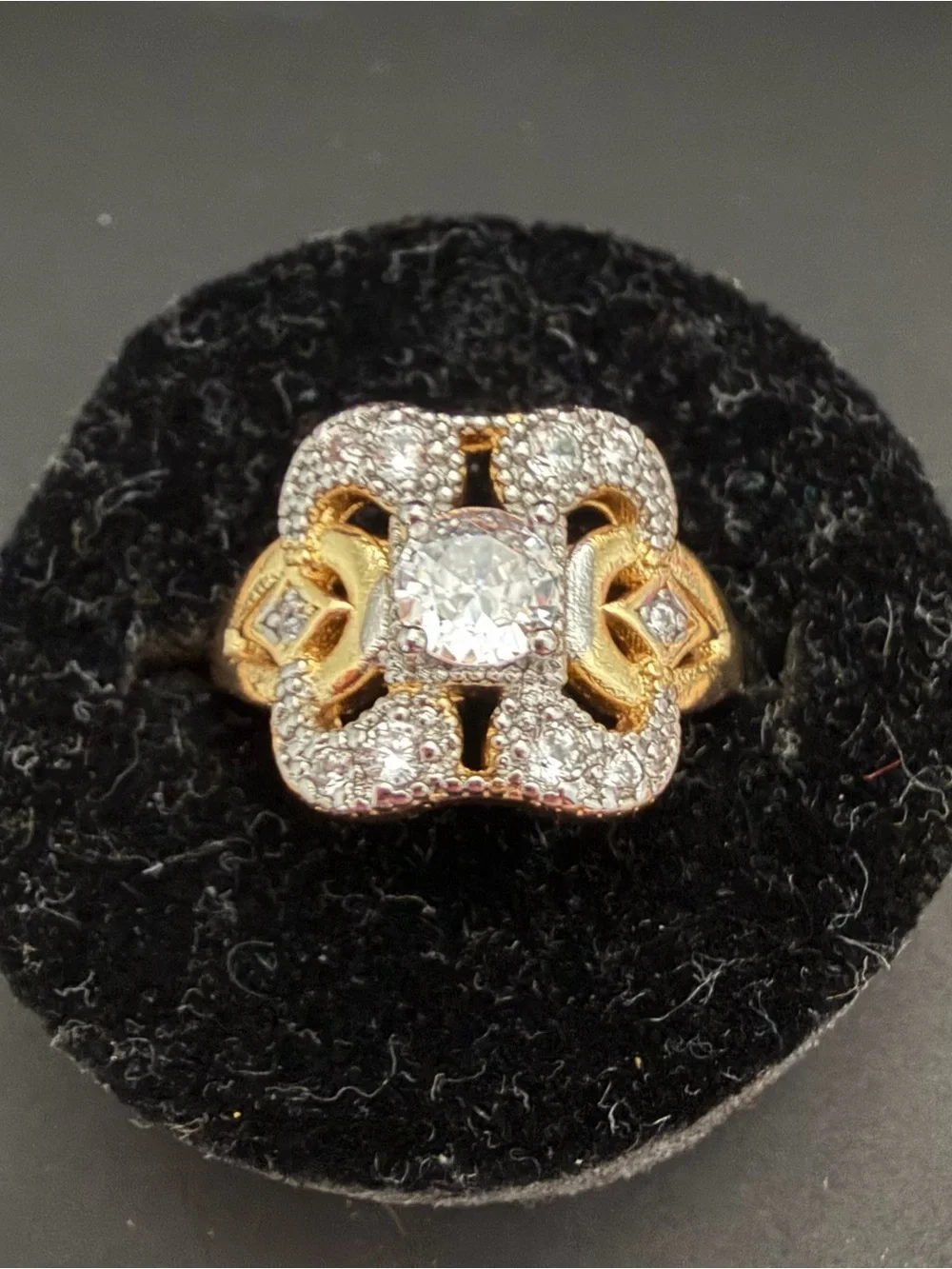 Gold and Silver Tone Floral Halo Ring with Clear Center Stone Size 6